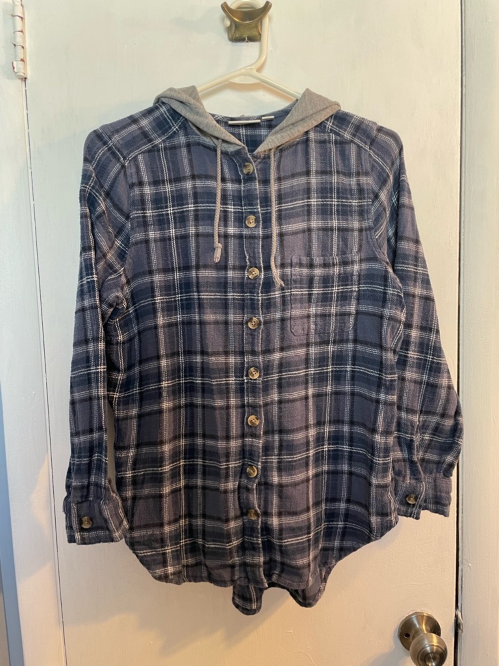 blue/gray hooded flannel